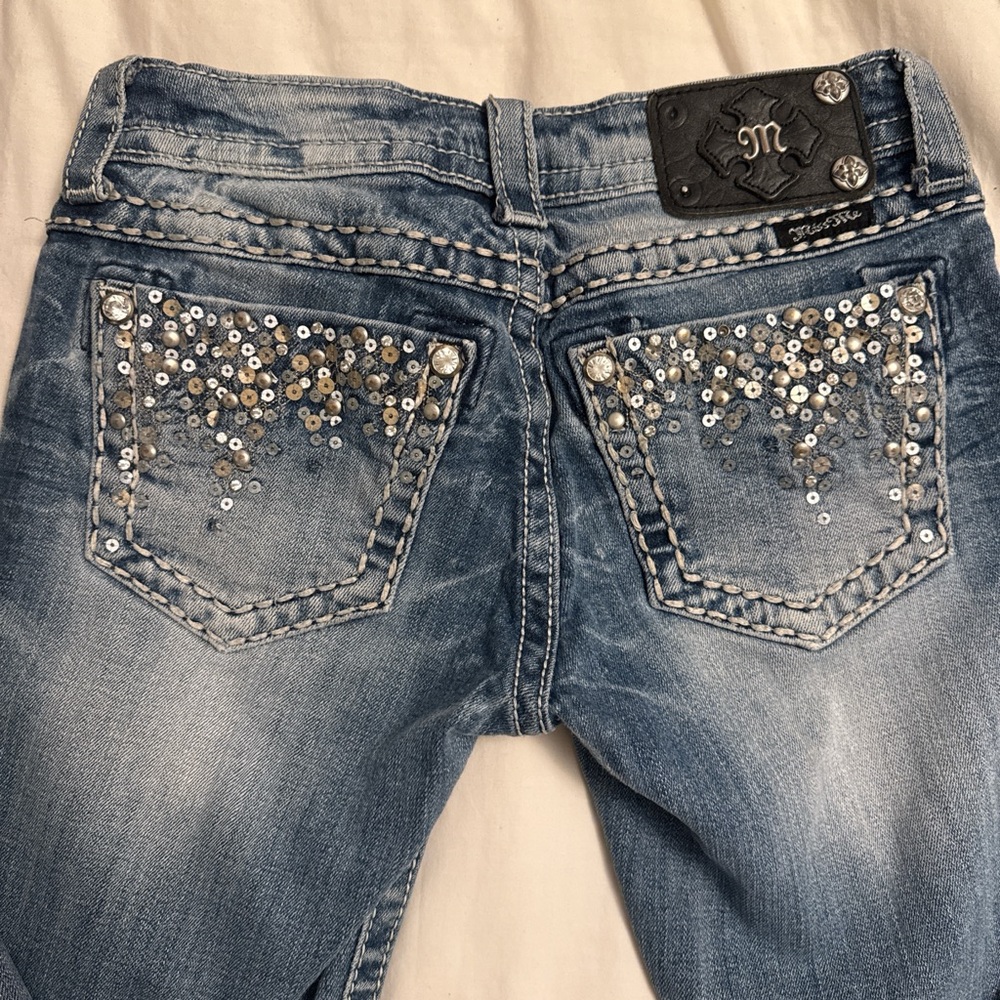 Miss Me Blue Embellished Jeans with Rhinestone Design